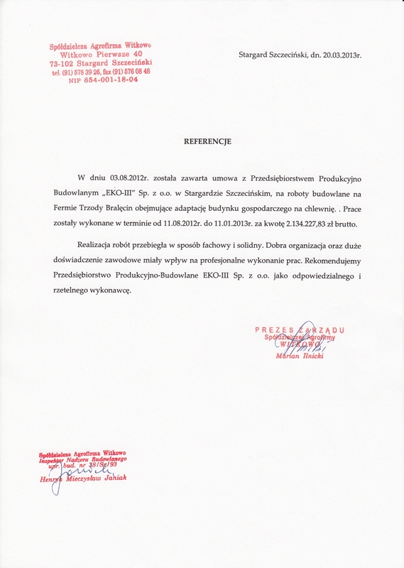 Dokument z referencją od Spółdzielczej Agrofirmy WITKOWO.